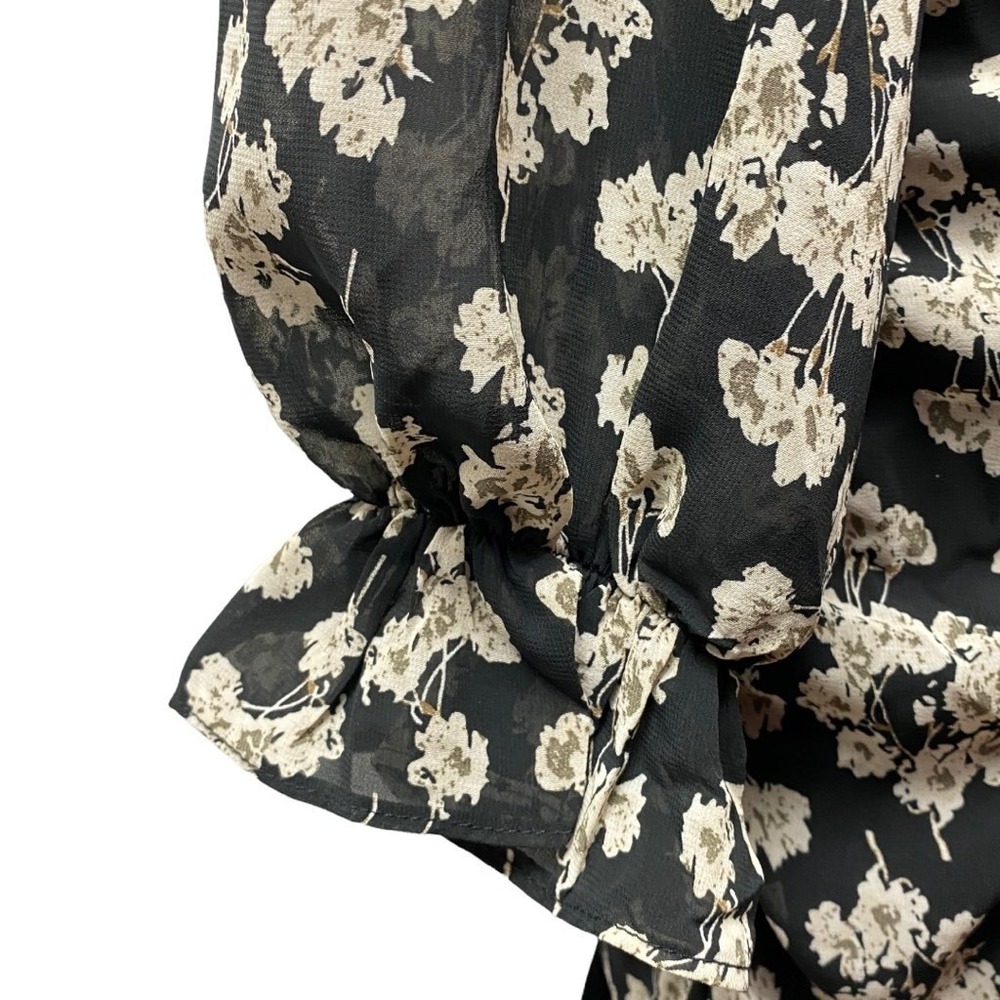 She + Sky Dress M Black Cream Floral Sheath V Neck Ruched Ruffle Lined - Picture 5 of 9